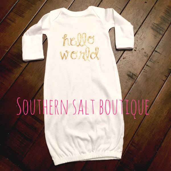 Hello World Newborn Baby Gown - Baby Onesie - Baby Gift - southernsaltboutique