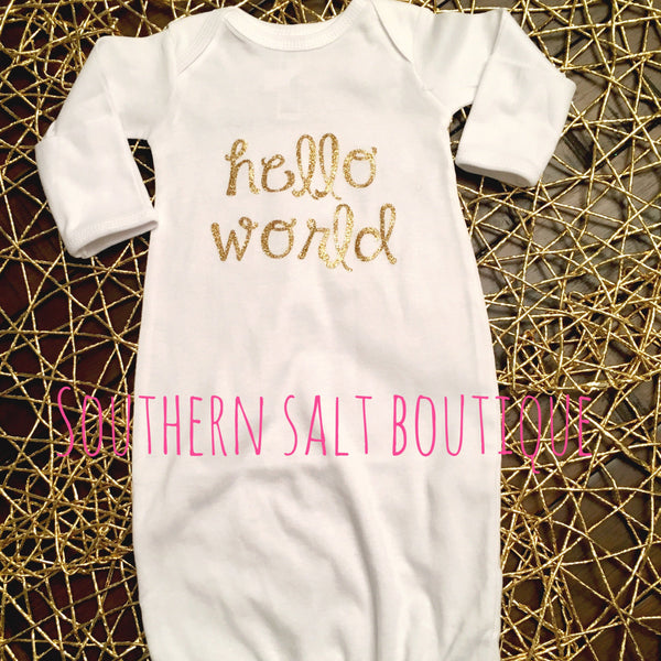 Hello World Newborn Baby Gown - Baby Onesie - Baby Gift - southernsaltboutique