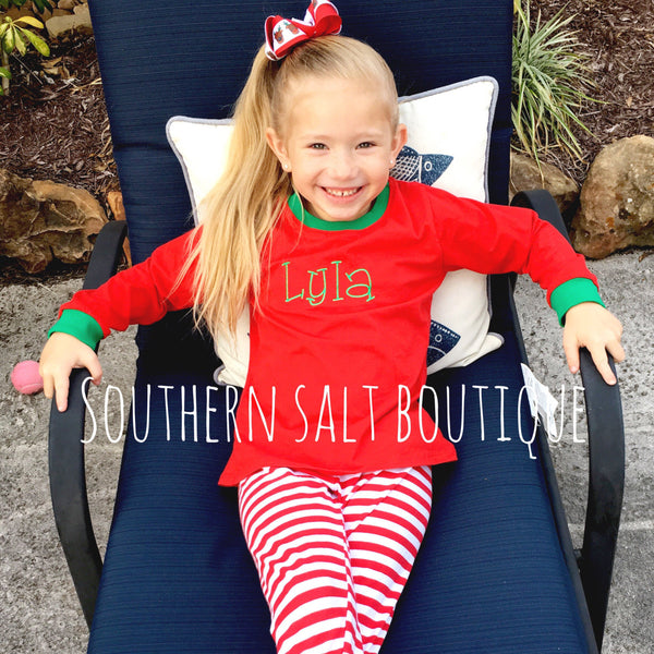 Christmas PJ's - Red or Green Stripe with name or monogram - southernsaltboutique