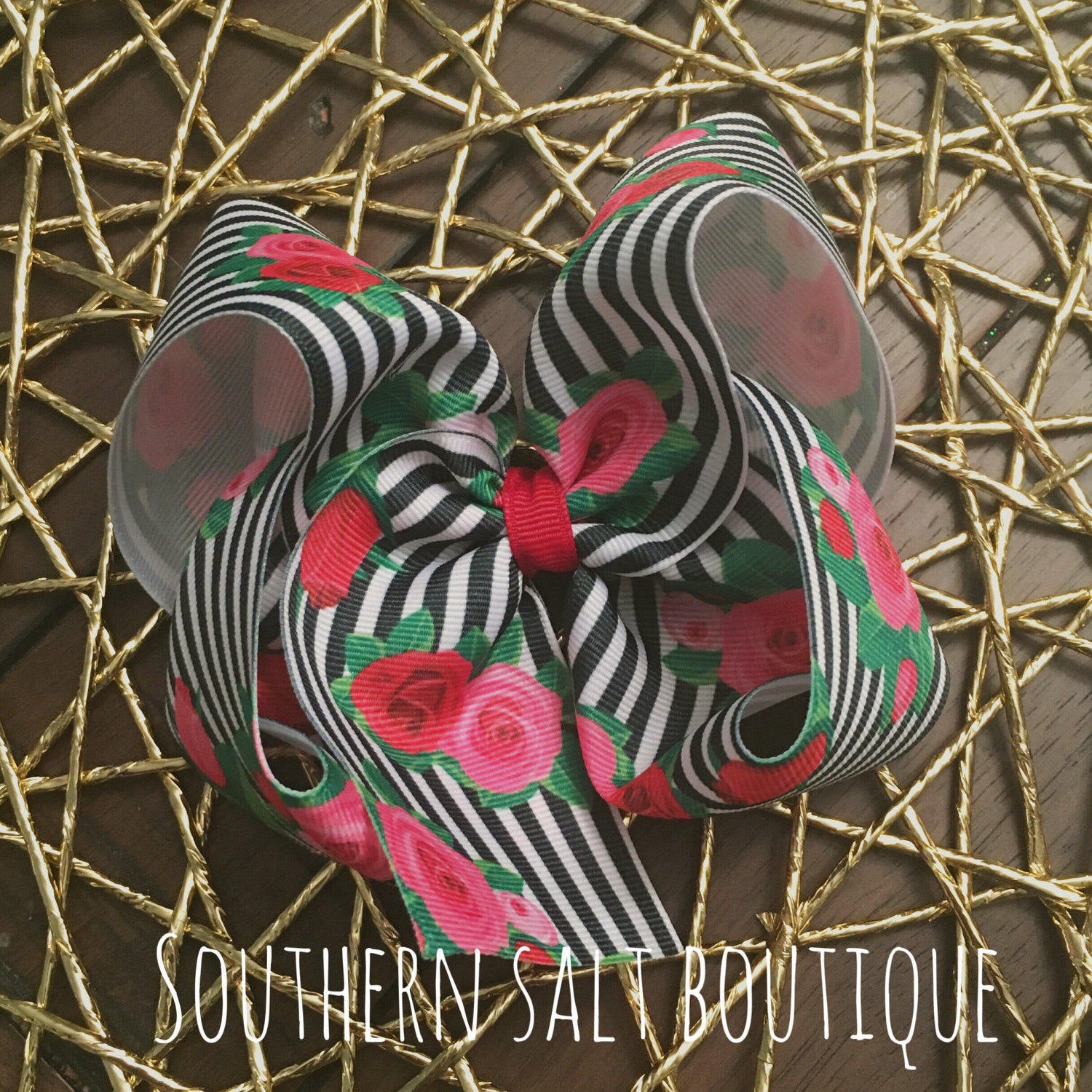 Black and White Stripe Floral Bow -Boutique Hair Bow - southernsaltboutique