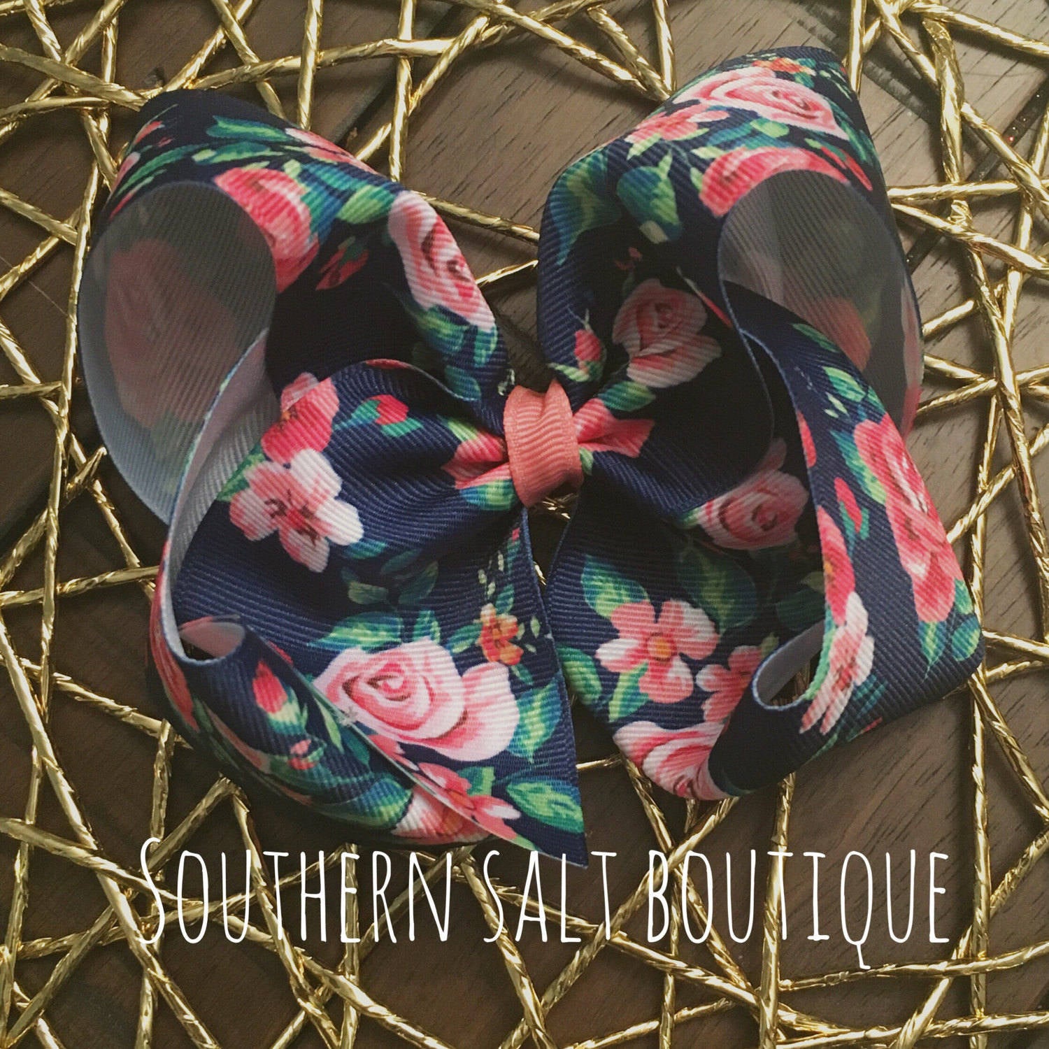 Navy Floral Bow -Boutique Hair Bow - Girls Hair Bow - southernsaltboutique